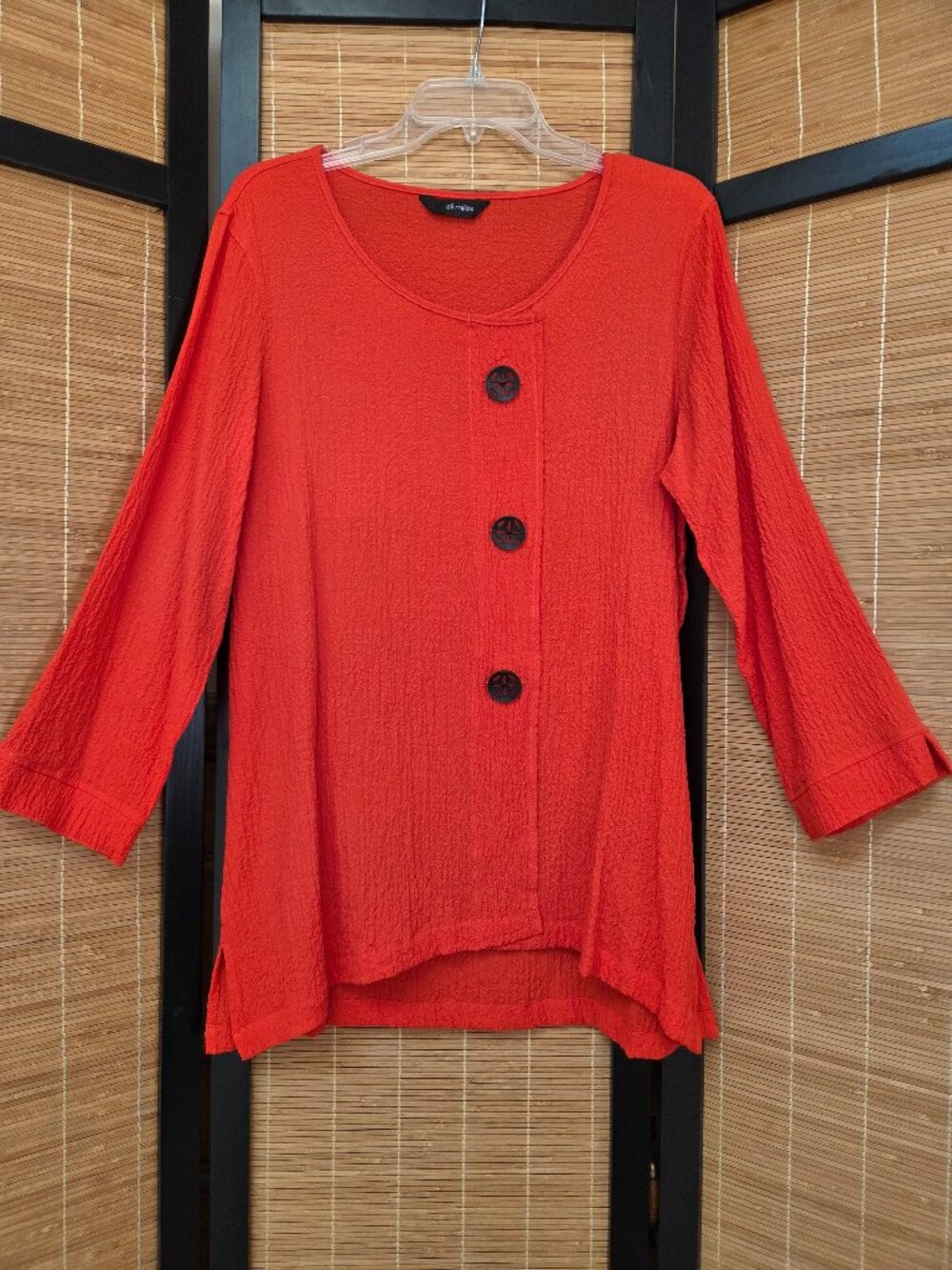 Ali Miles Women's M Red Crinkled Tunic 3/4 Sleeve Buttons Top Boho Artsy Cottage